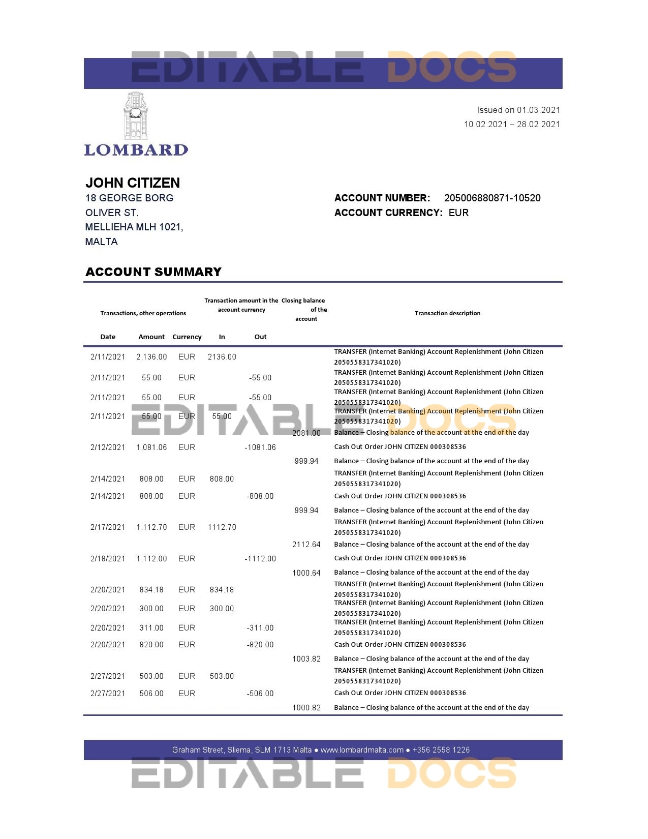 Malta Lombard Bank Malta p.l.c. bank statement easy to fill template in .xls and .pdf file format