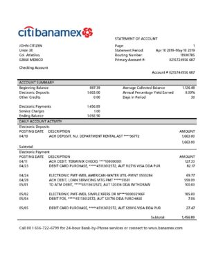 Mexico Citibanamex bank proof of address statement template in Word and PDF format