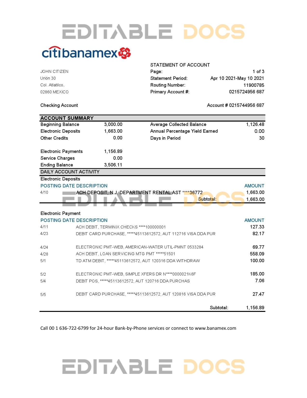 Mexico Citibanamex bank statement easy to fill template in .xls and .pdf file format