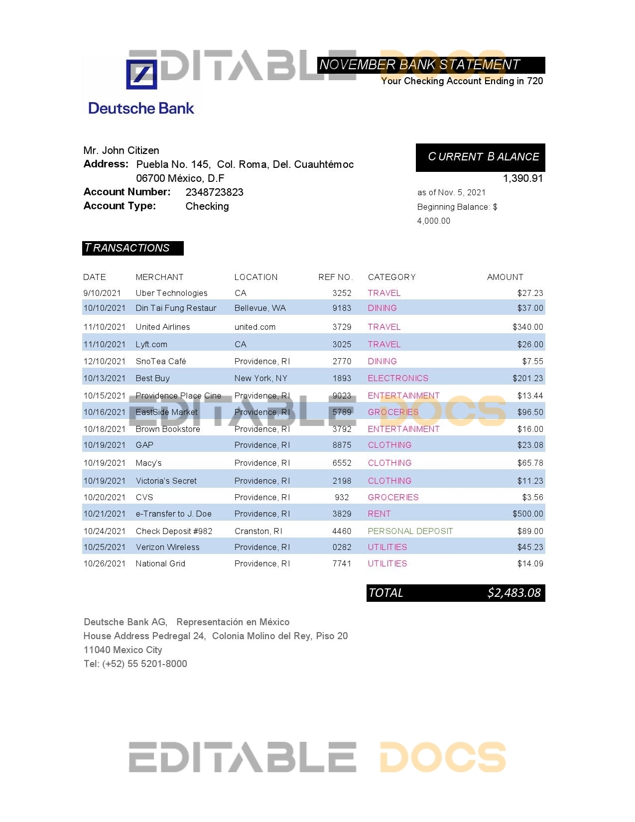 Mexico Deutsche bank statement easy to fill template in Excel and PDF format