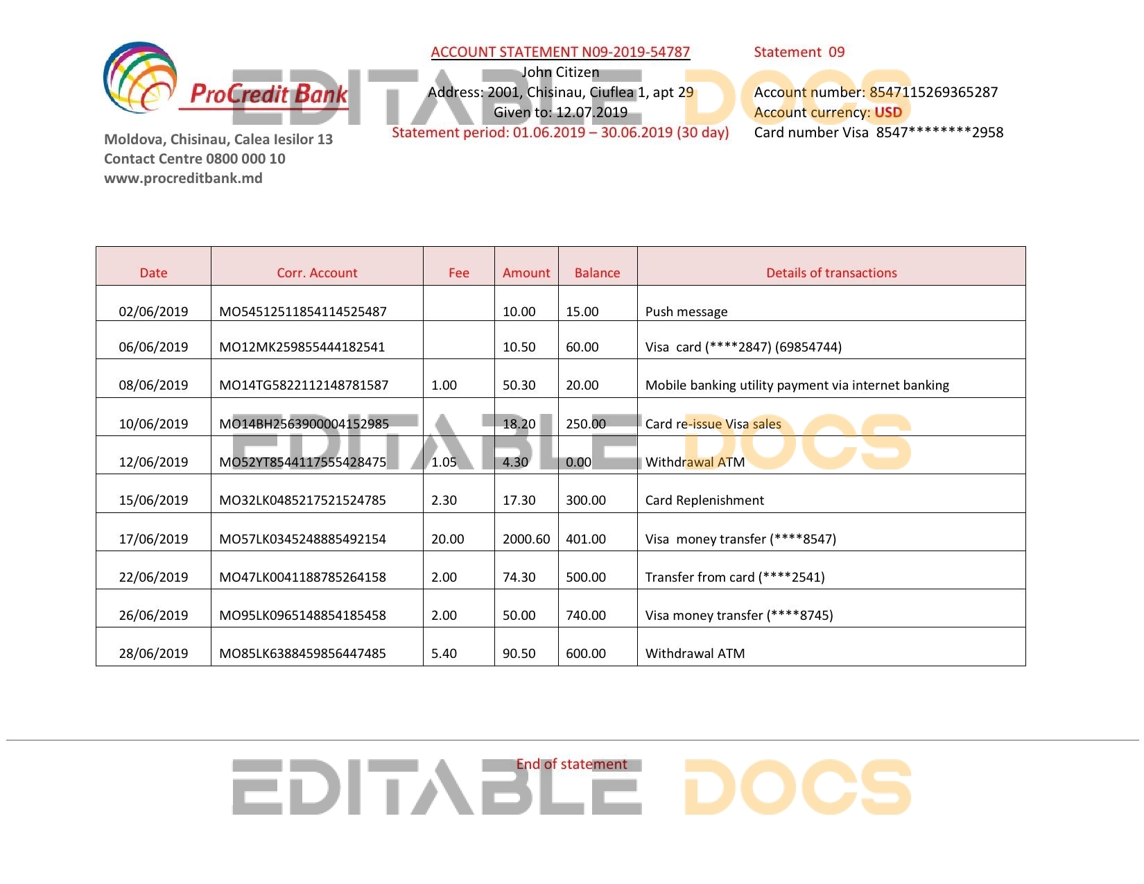 Moldova ProCredit Bank statement template in Word and PDF format