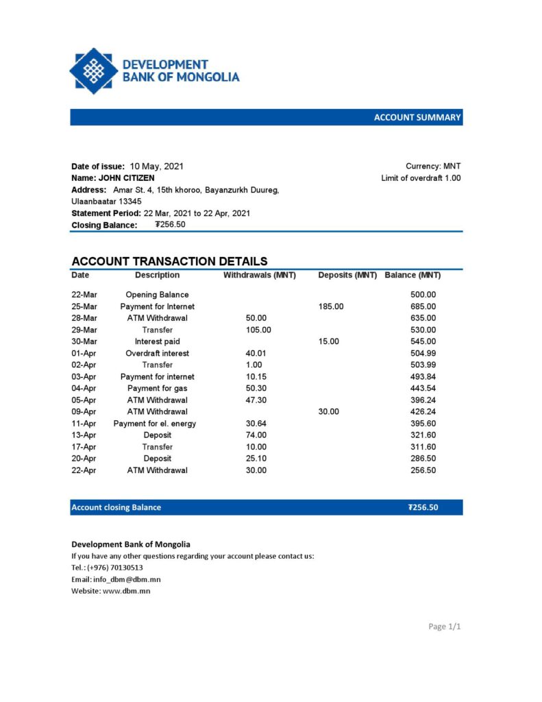 Mongolia Development Bank of Mongolia bank statement easy to fill template in .xls and .pdf file format
