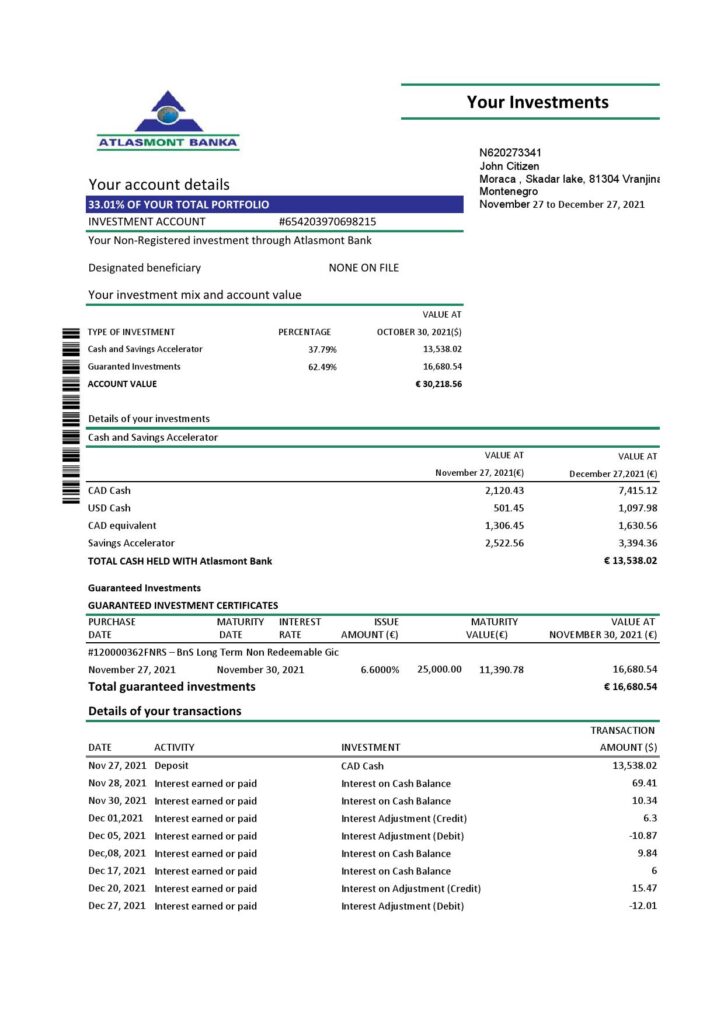 Montenegro Atlasmont Bank statement template, Excel and PDF format (.xls and .pdf)