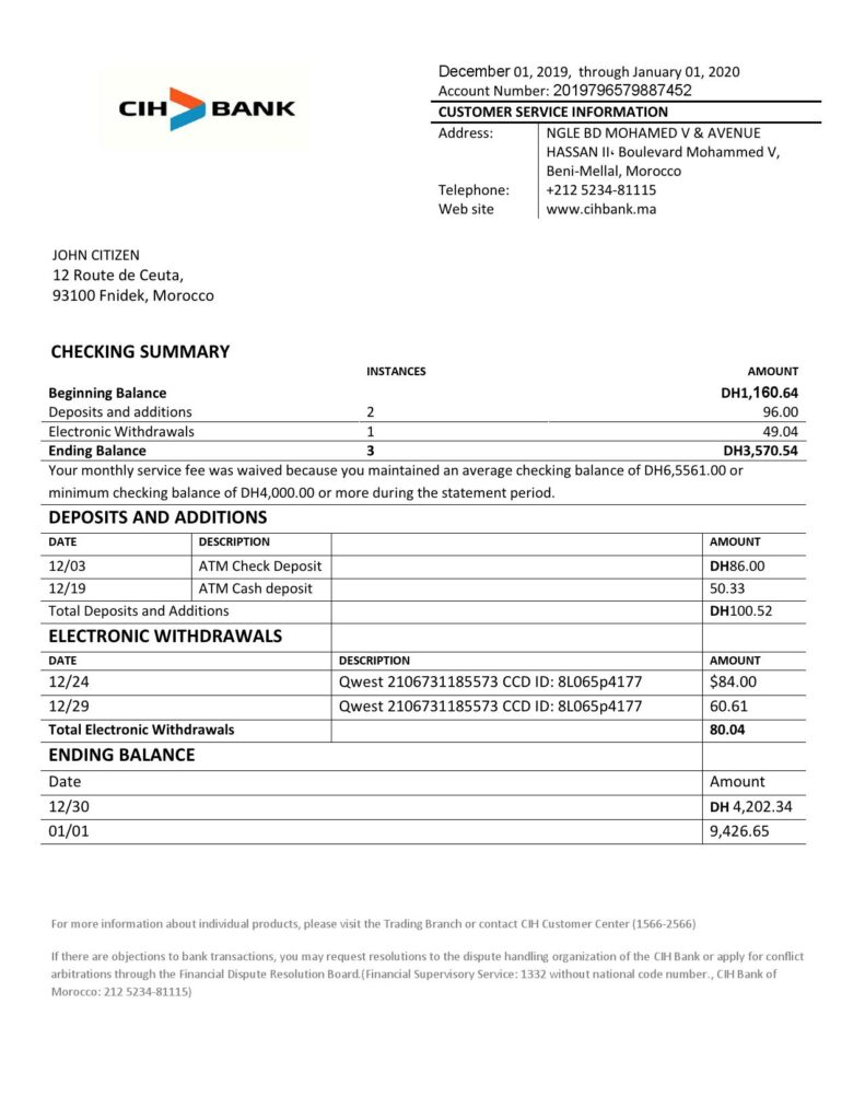 Morocco CIH bank proof of address statement template in Word and PDF format