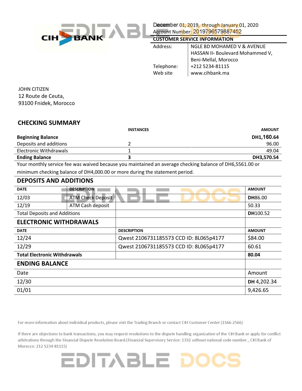 Morocco CIH bank proof of address statement template in Word and PDF format