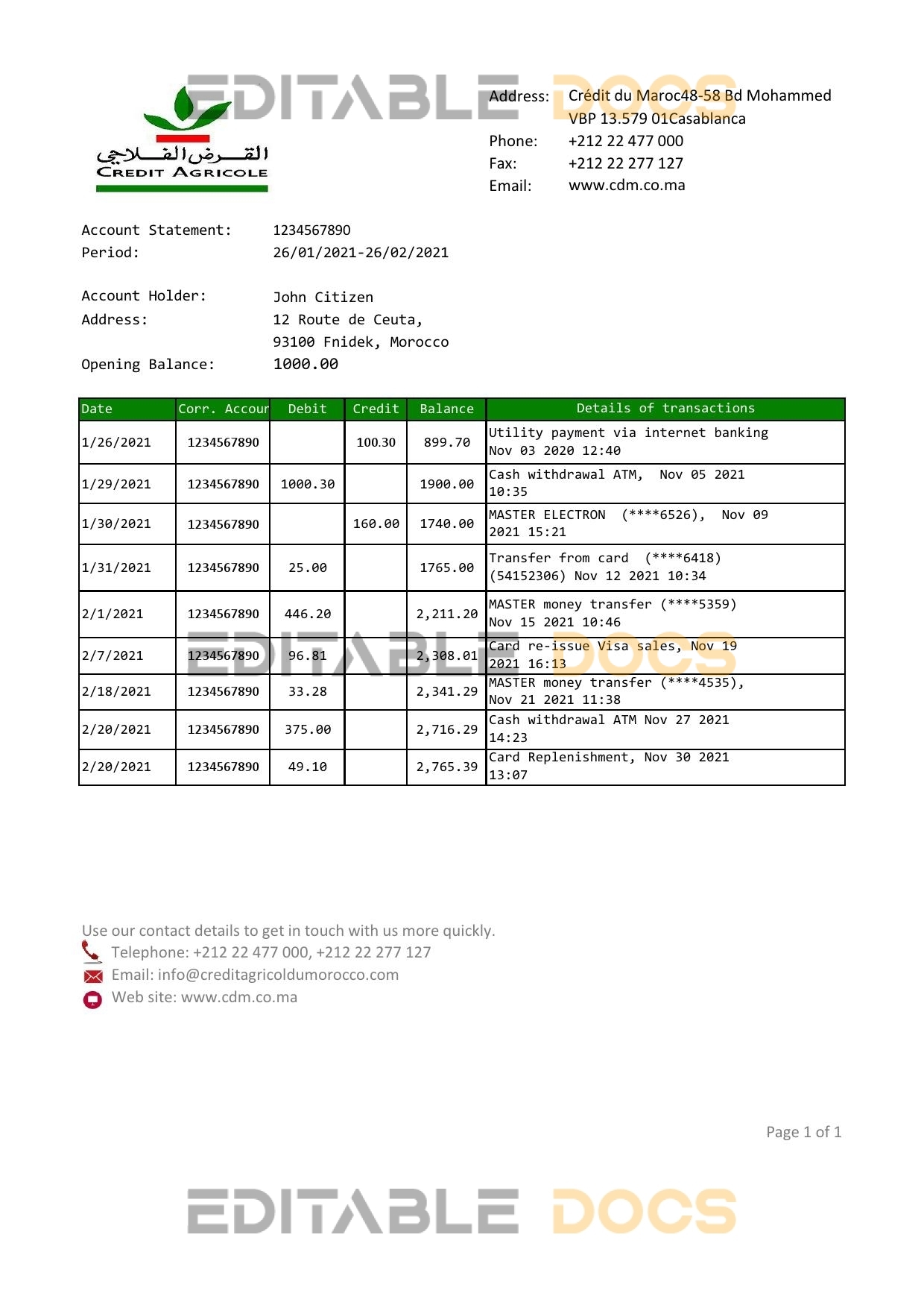 Morocco Credit Agricole Bank statement template in Excel and PDF format