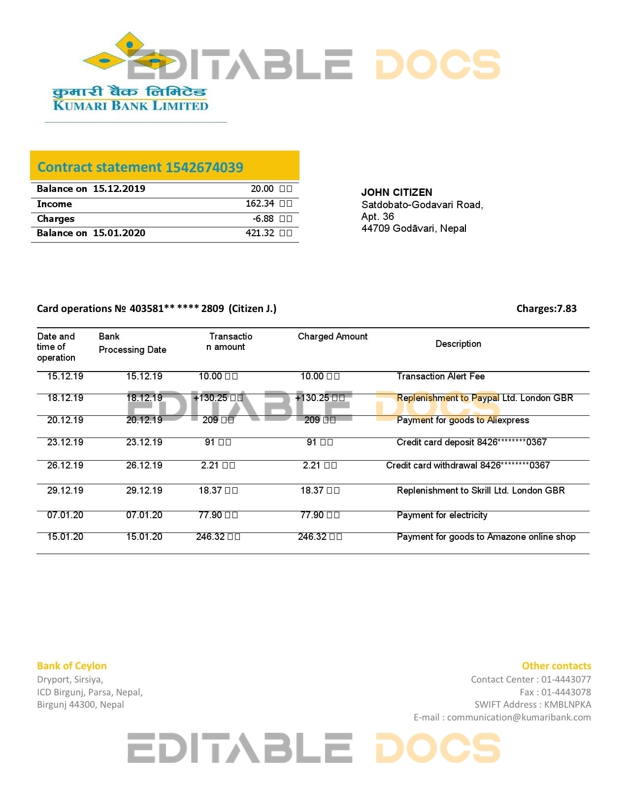 Nepal Kumari Bank proof of address statement template in Word and PDF format
