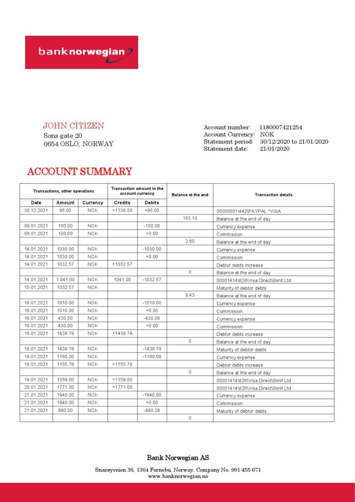 Norway Bank Norwegian AS bank statement easy to fill template in Word and PDF format