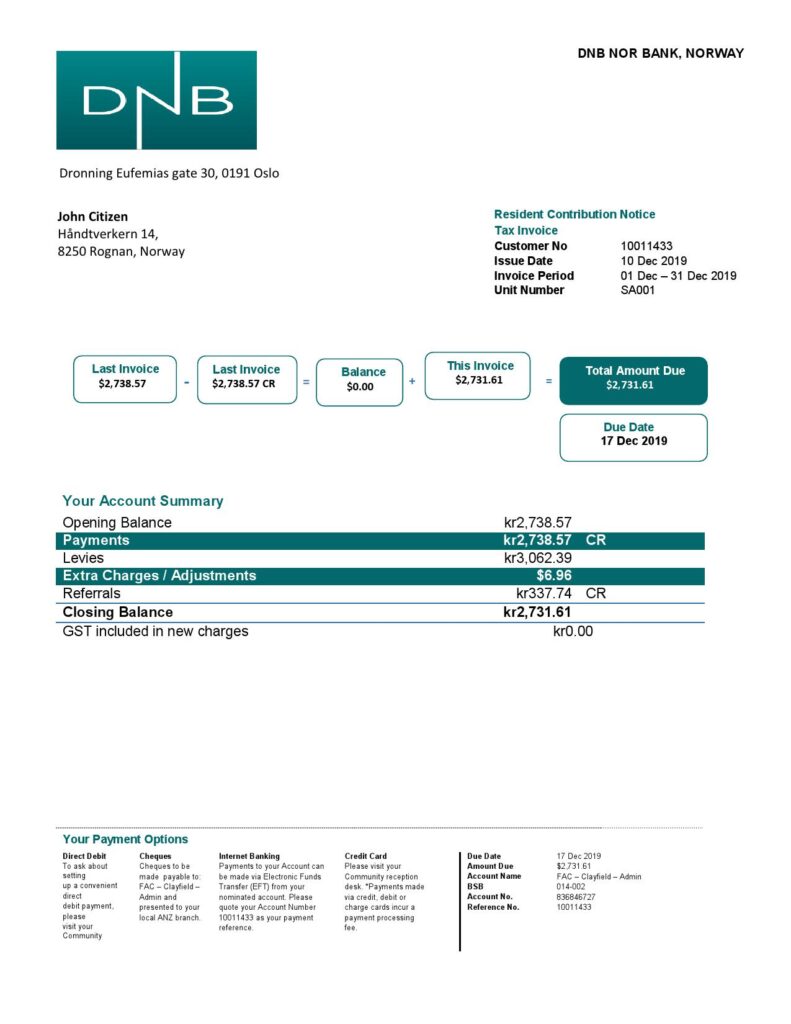 Norway DNB bank proof of address statement template in Word and PDF format