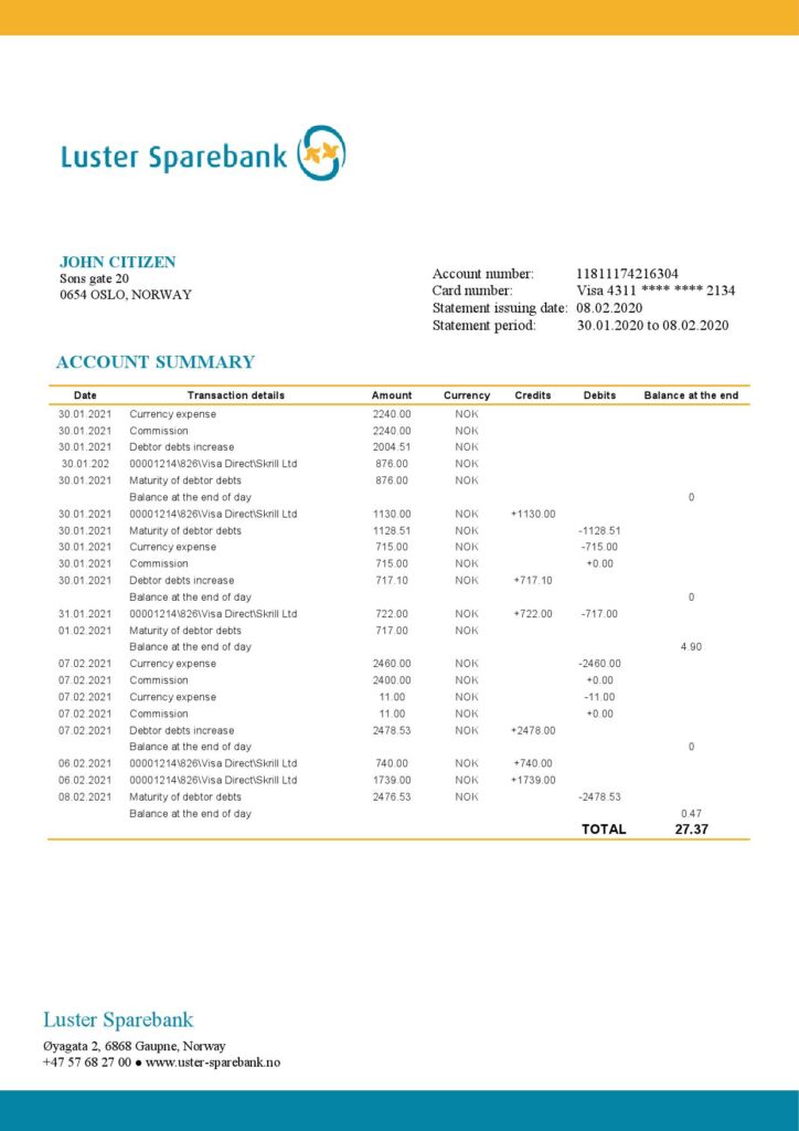 Norway Luster Sparebank bank statement easy to fill template in Word and PDF format