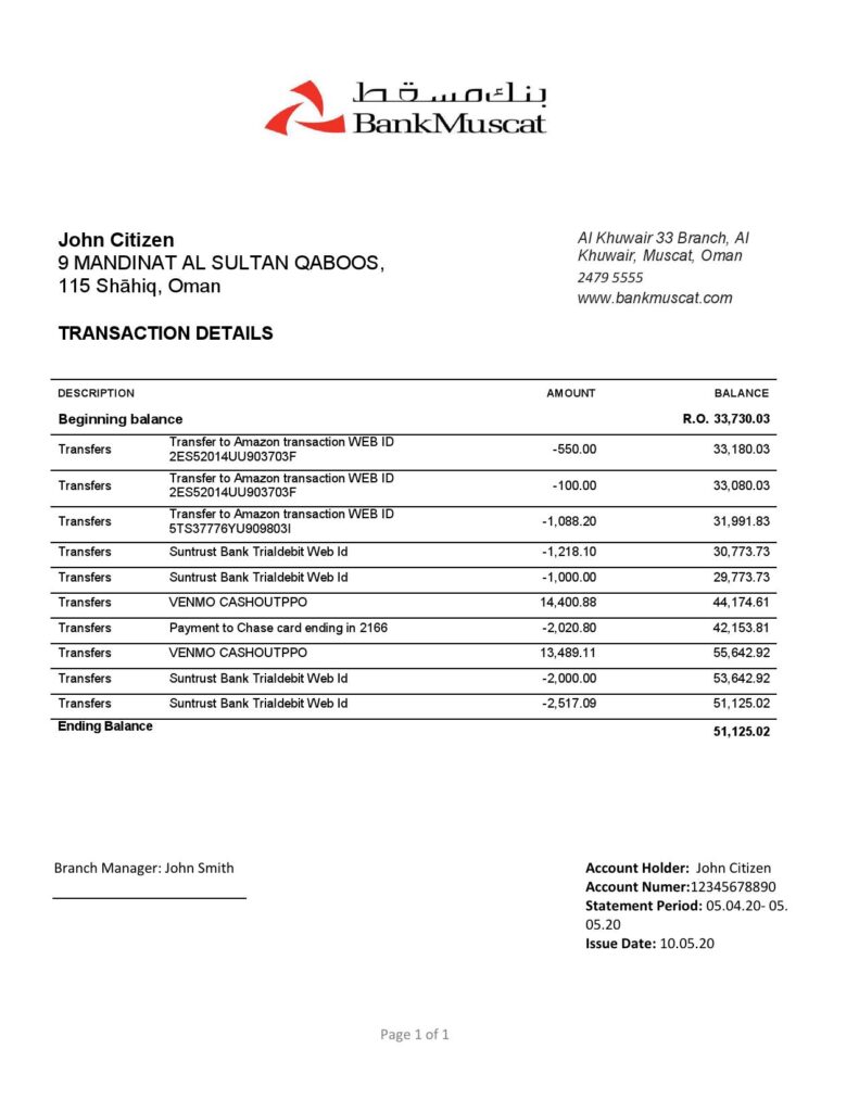 Oman Bank Muscat proof of address bank statement template in Word and PDF format (.doc and .pdf)