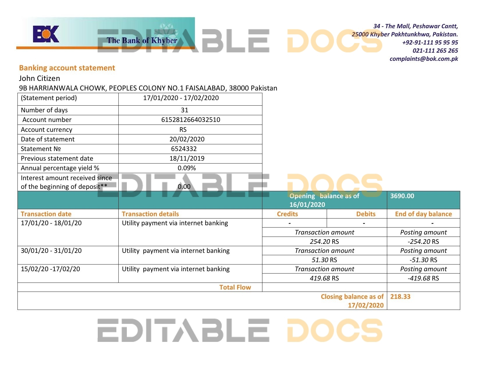 Pakistan The Bank of Khyber bank proof of address statement template in Word and PDF format, .doc and .pdf format