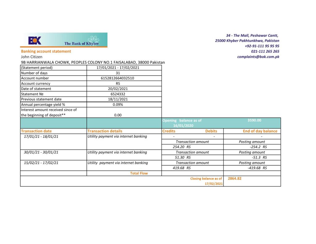 Pakistan The Bank of Khyber bank statement easy to fill template in Excel and PDF format