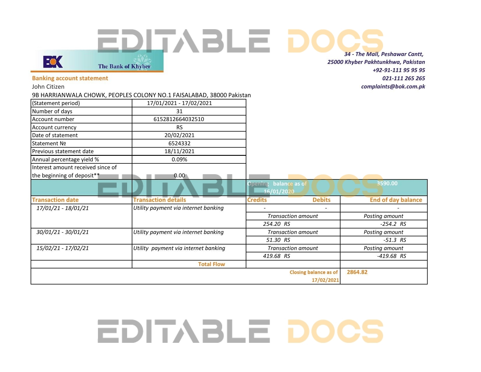 Pakistan The Bank of Khyber bank statement easy to fill template in Excel and PDF format