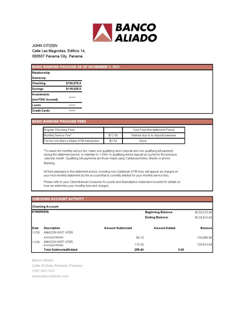 Panama Banco Aliado bank statement easy to fill template in Excel and PDF format