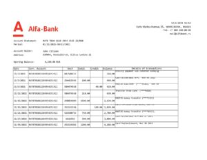 Russia Alfa bank statement easy to fill template in .xls and .pdf file format