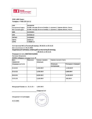 Russia Home Credit bank statement easy to fill template in .xls and .pdf file format