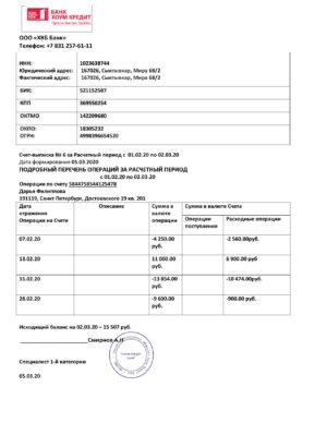 Russia Home Credit bank statement template in Word and PDF format, good for address prove