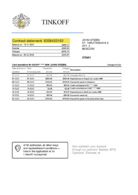 Russia Tinkoff bank proof of address statement (English version) template in Excel and PDF format