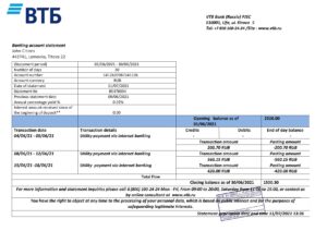 Russia VTB bank proof of address statement template in Word and PDF format