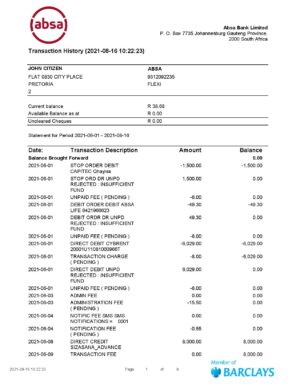 South Africa ABSA bank statement easy to fill template in Word and PDF format 9 pages 1