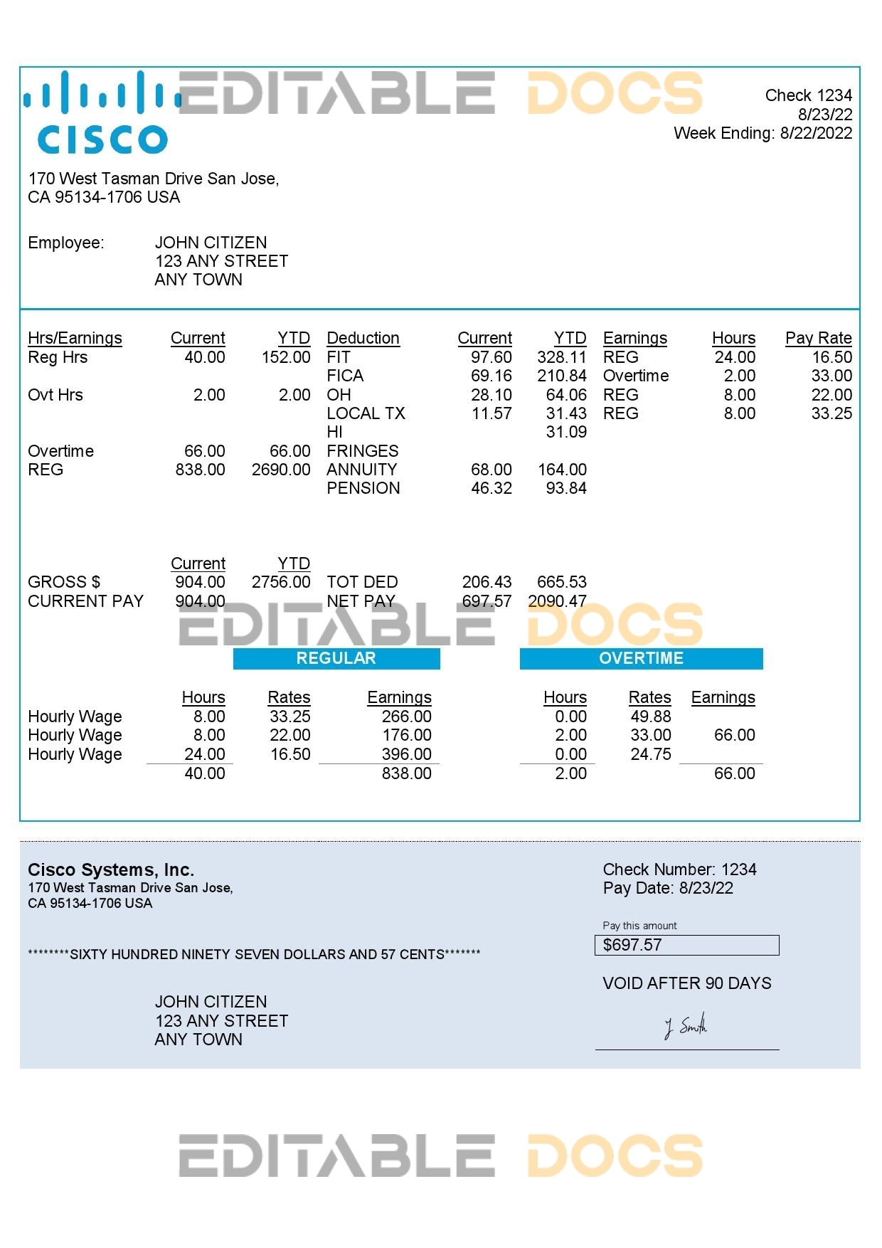 USA Cisco Systems, Inc. hardware company pay stub Word and PDF template