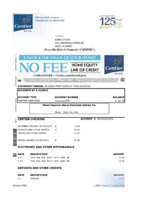 USA Indiana Centier bank statement template in Excel and PDF format