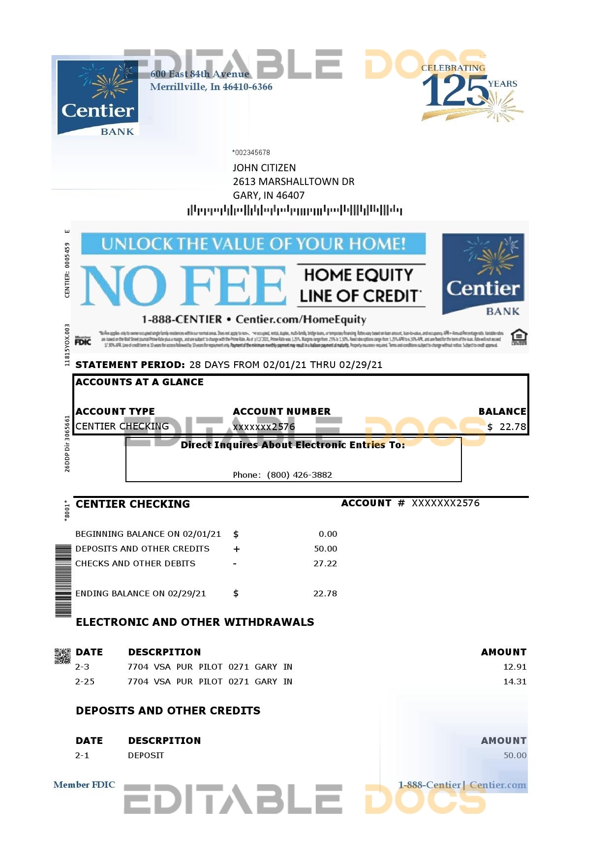 USA Indiana Centier bank statement template in Excel and PDF format