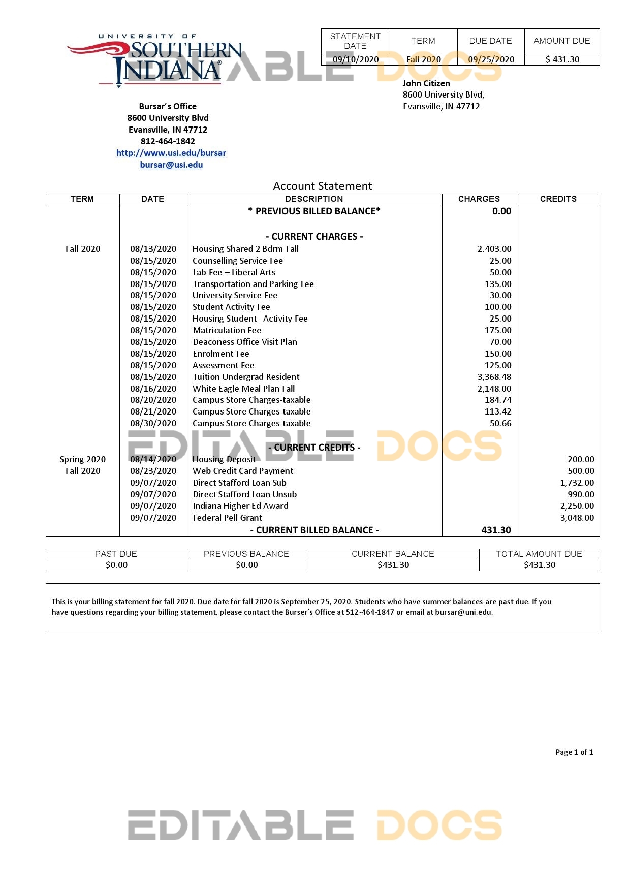 USA University of Southern Indiana account billing statement template in Word and PDF format