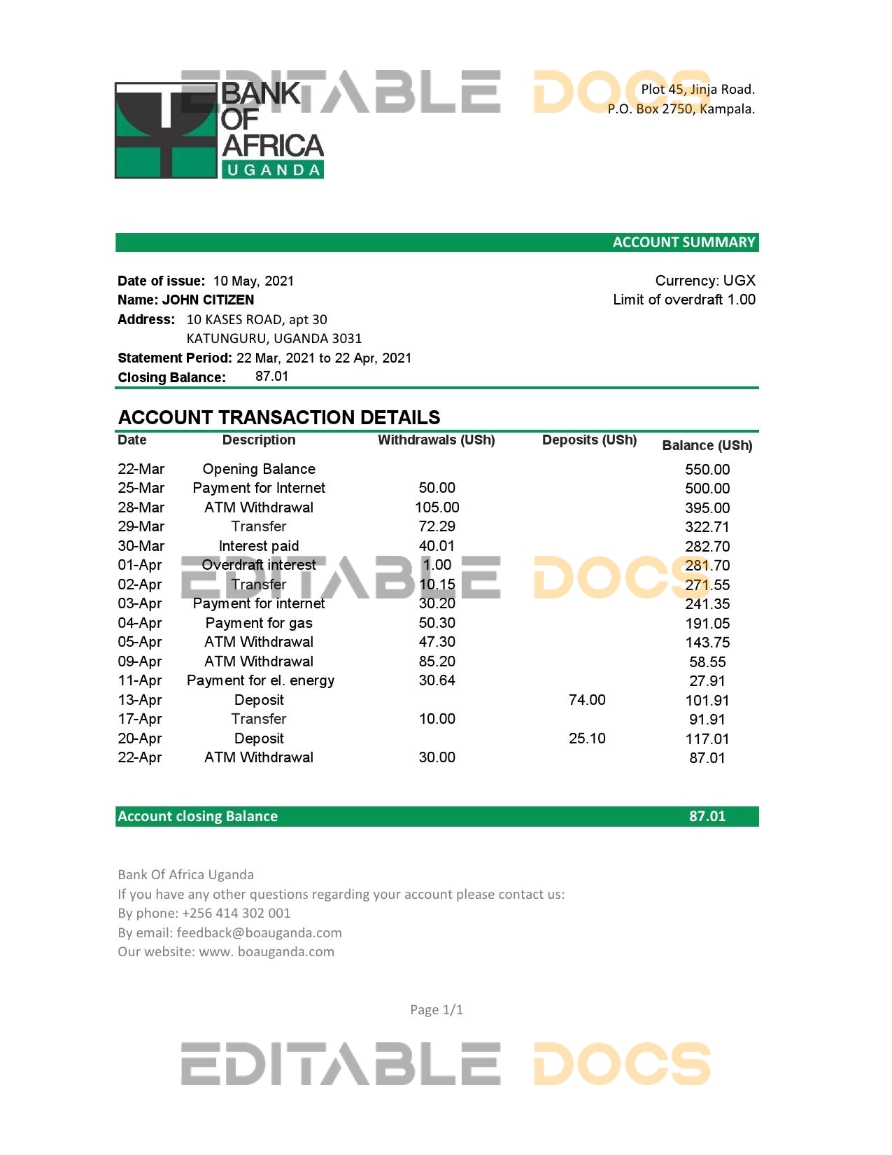 Uganda Bank of Africa bank statement template in .xls and .pdf file format