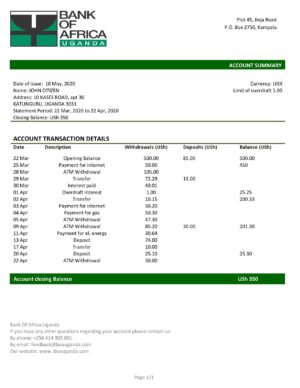 Uganda Bank of Africa proof of address bank statement template in Word and PDF format