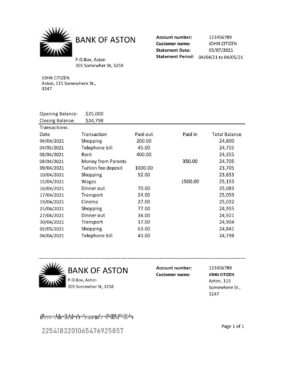 United Kingdom Bank of Aston bank statement easy to fill template in Excel and PDF format