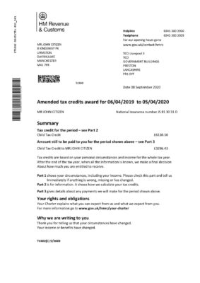 United Kingdom HM Revenue & Customs tax credits award statement template in Word and PDF format (.doc and .pdf)