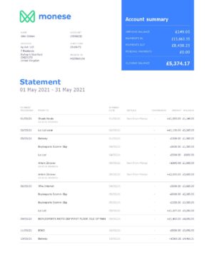 United Kingdom Monese bank statement template in Word and PDF format 2 pages 1