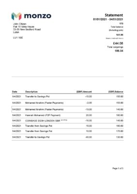 United Kingdom Monzo bank statement template in Excel and PDF format (3 pages)