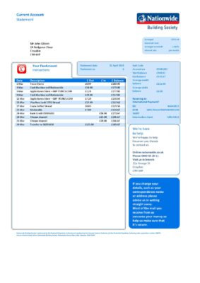 United Kingdom Nationwide bank statement template in Word and PDF file format