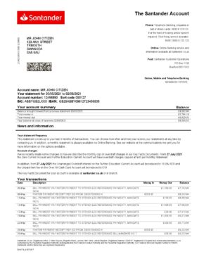 United Kingdom Santander bank statement template in Word and PDF format (2 pages) 1