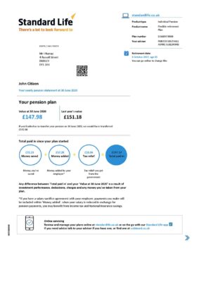 United Kingdom Standard Life proof of address pension statement in Excel and PDF (.xls and .pdf) format