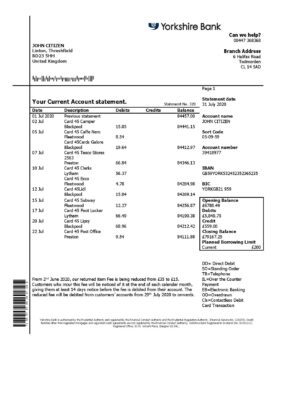 United Kingdom Yorkshire Bank statement template in Word and PDF format, good for address prove