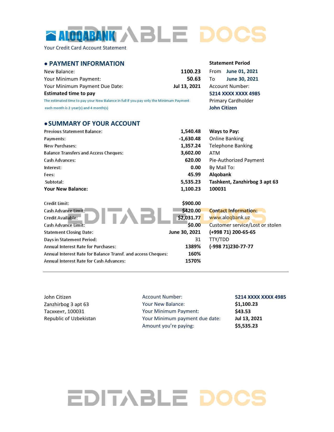 Uzbekistan Aloqabank Bank statement easy to fill template in .xls and .pdf file format