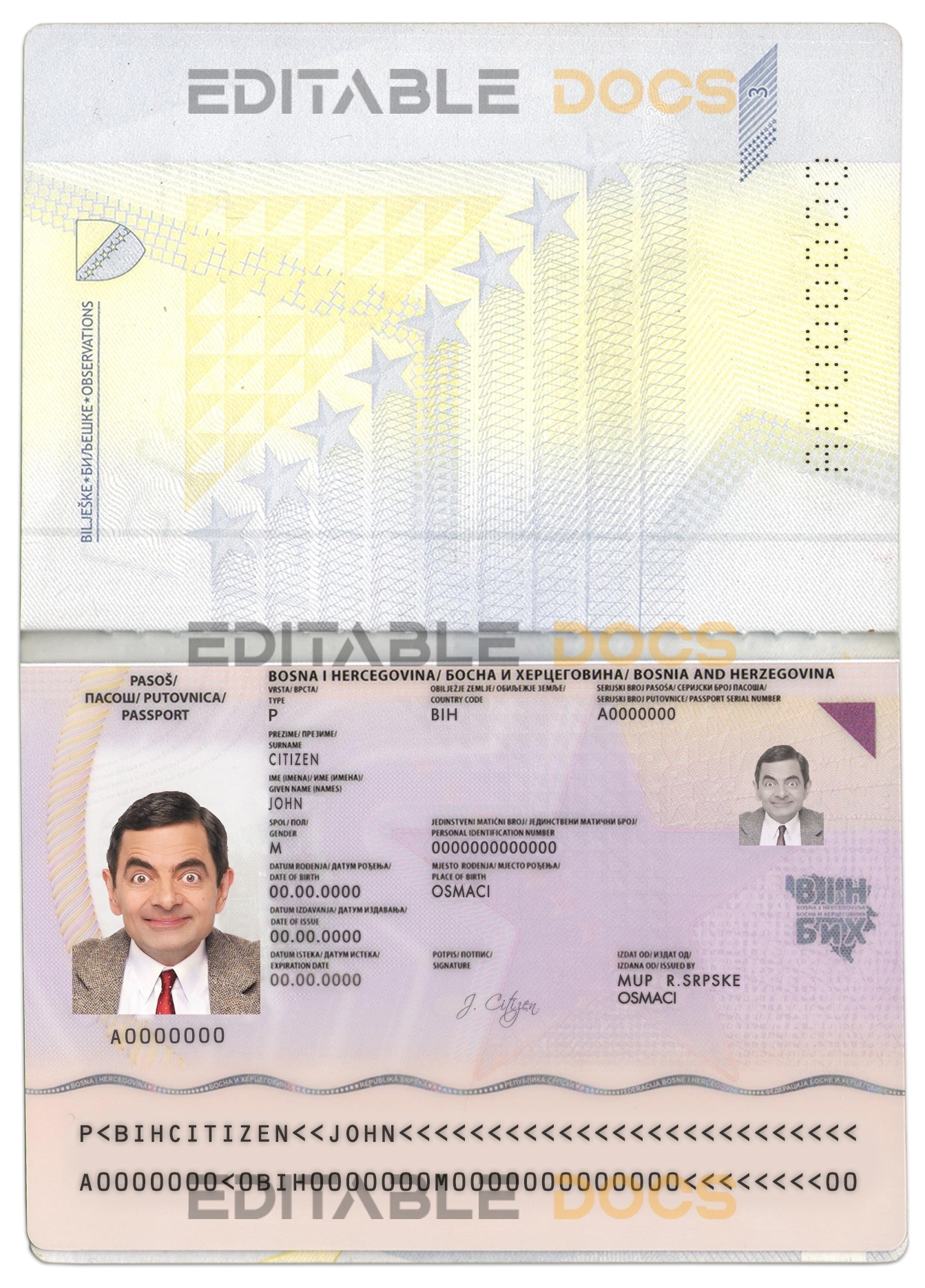 Authentic Bosnia and Herzegovina PSD Passport Template