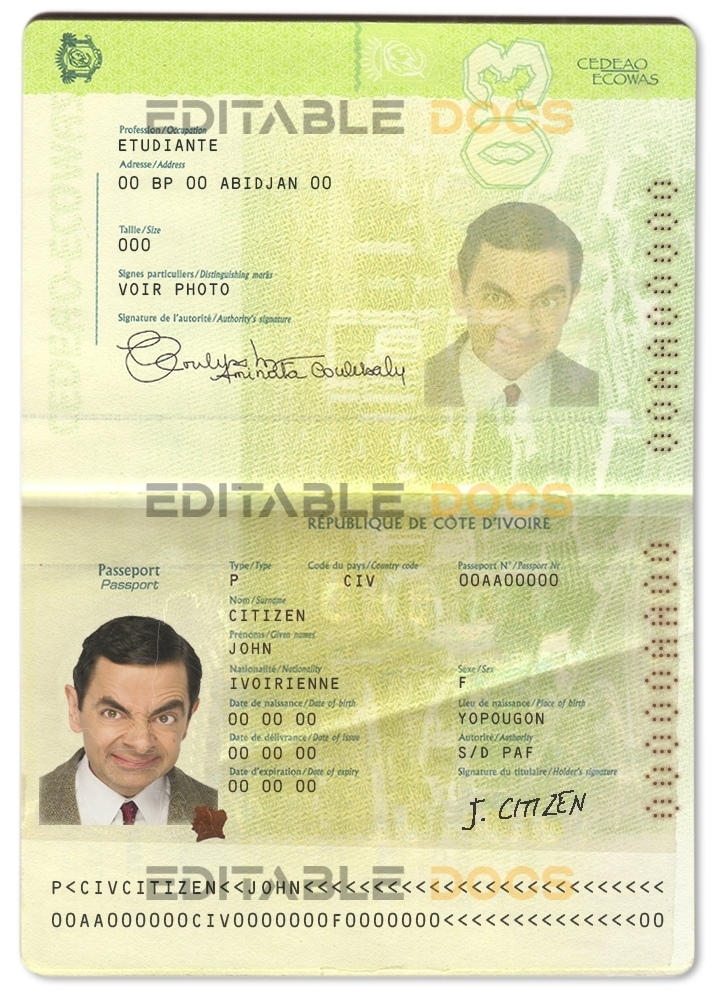 Authentic Cote D’Ivoire PSD Passport Template