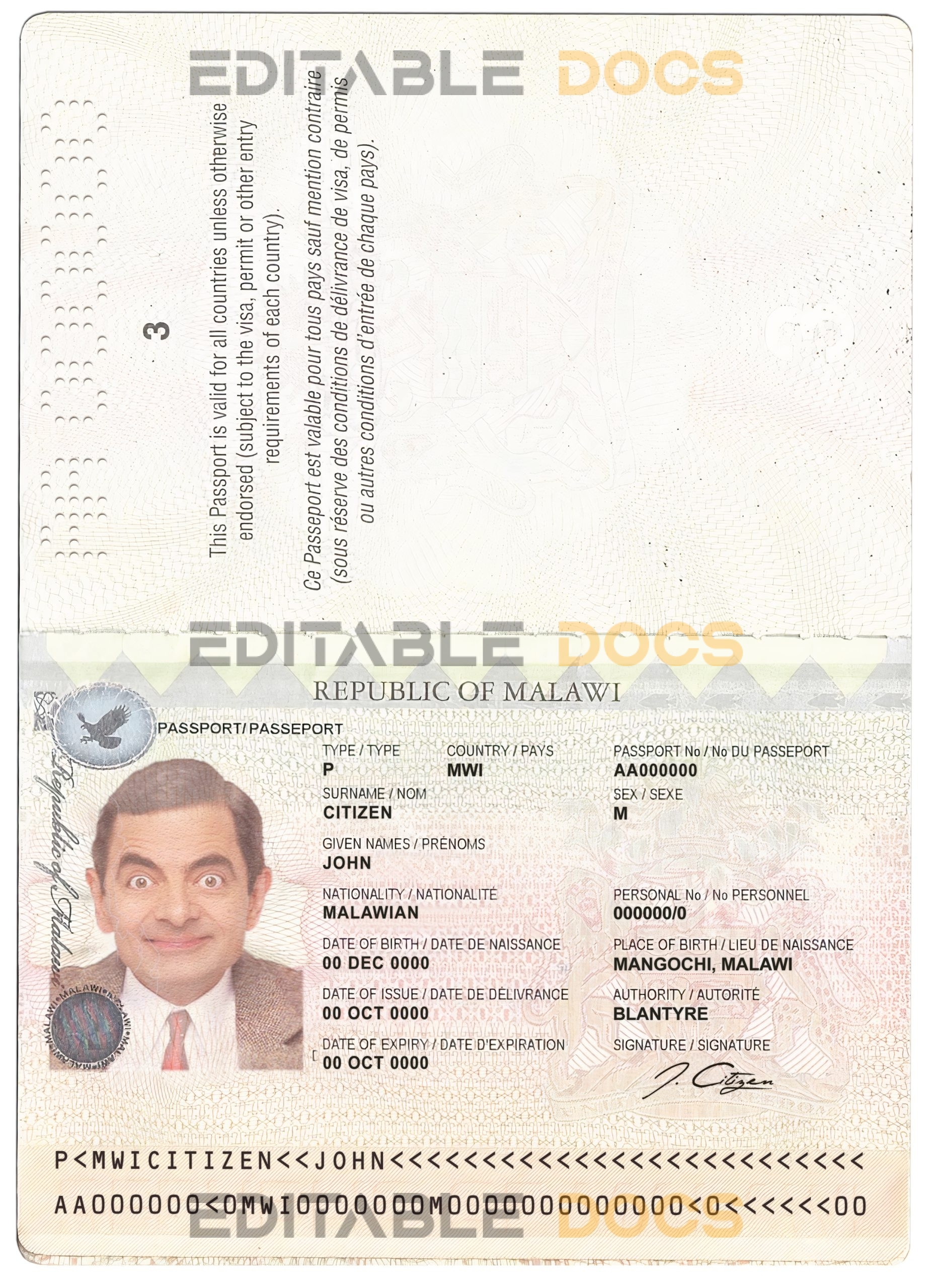 Authentic Malawi PSD Passport Template