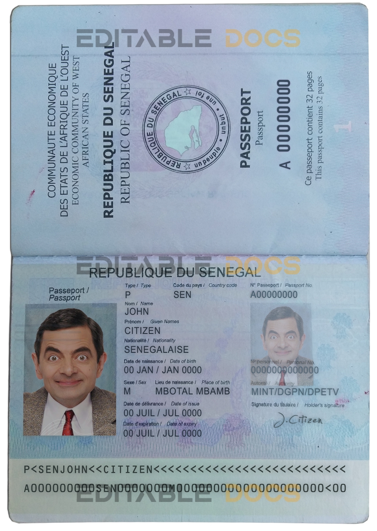 Authentic Senegal PSD Passport Template