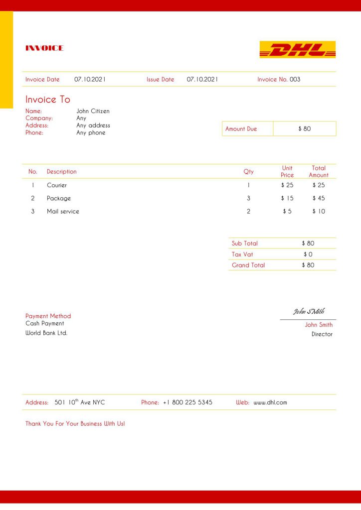 USA DHL invoice template in Word and PDF format, fully editable