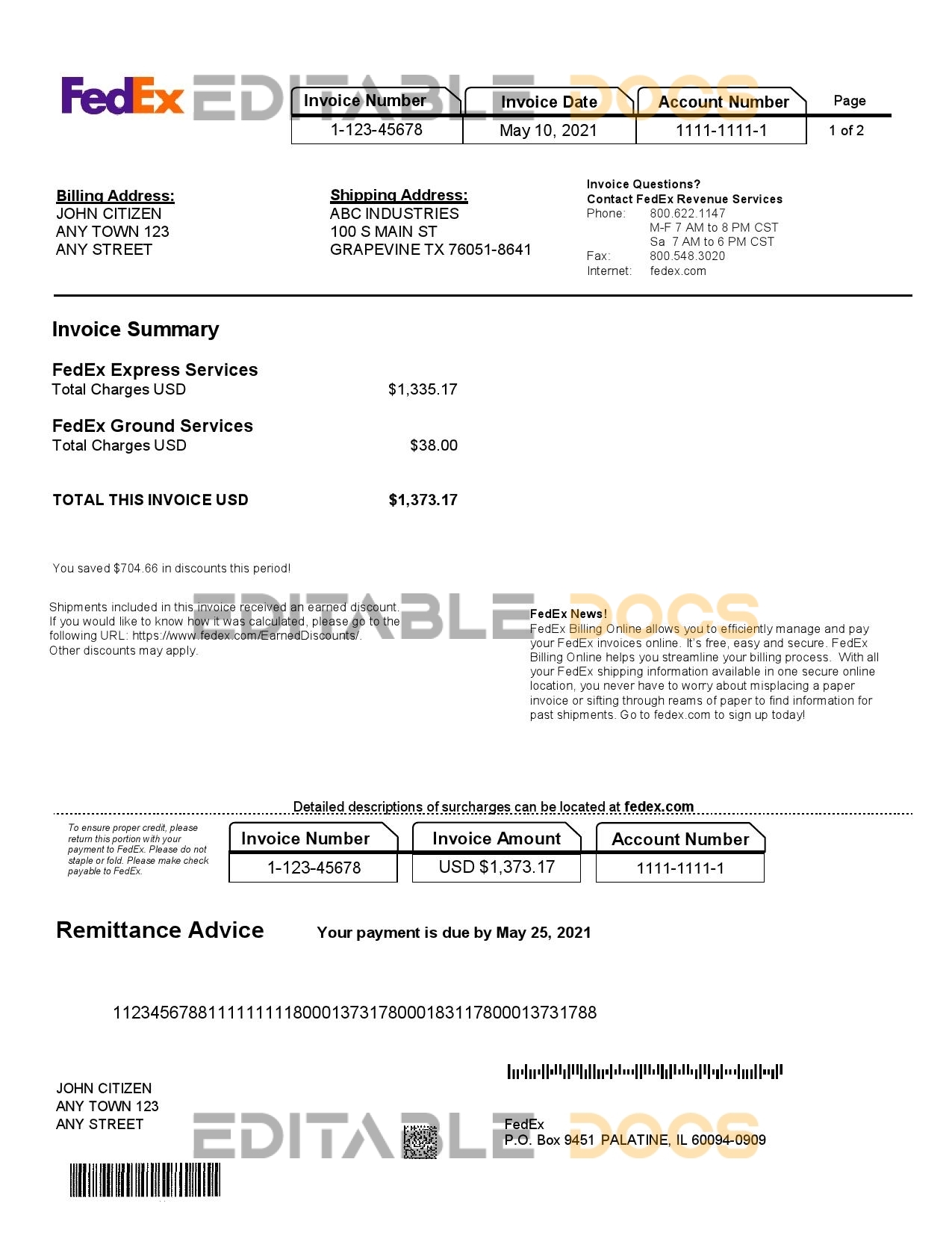 USA Fedex invoice template in Word and PDF format, fully editable