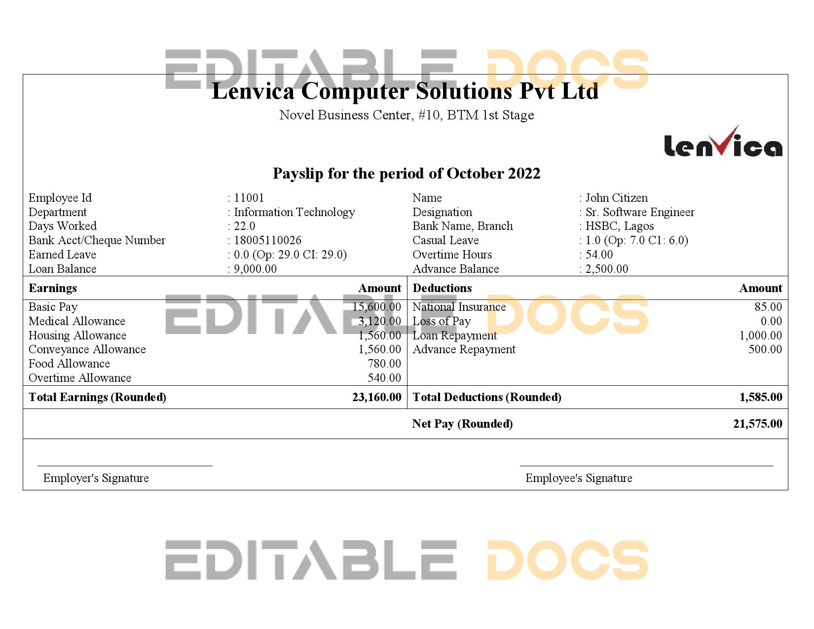 India Lenvica computer solutions company pay stub Word and PDF template