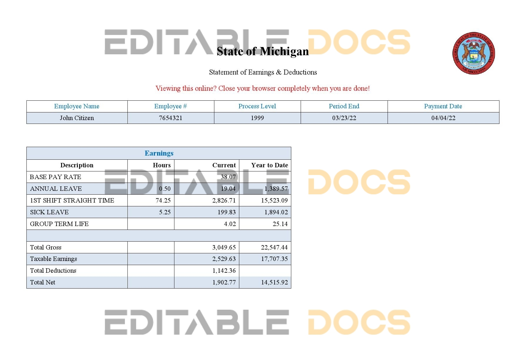 USA State of Michigan social services company pay stub Word and PDF template