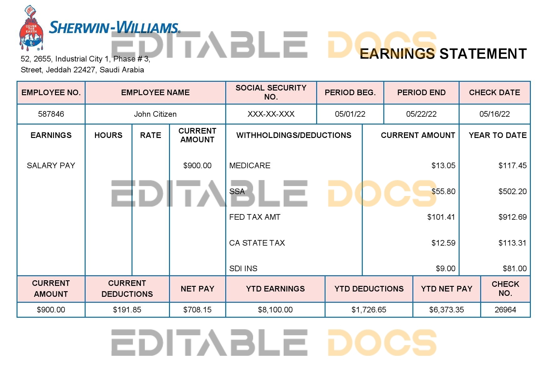 UAE Sherwin-Williams Paints paint manufacturing company pay stub Word and PDF template