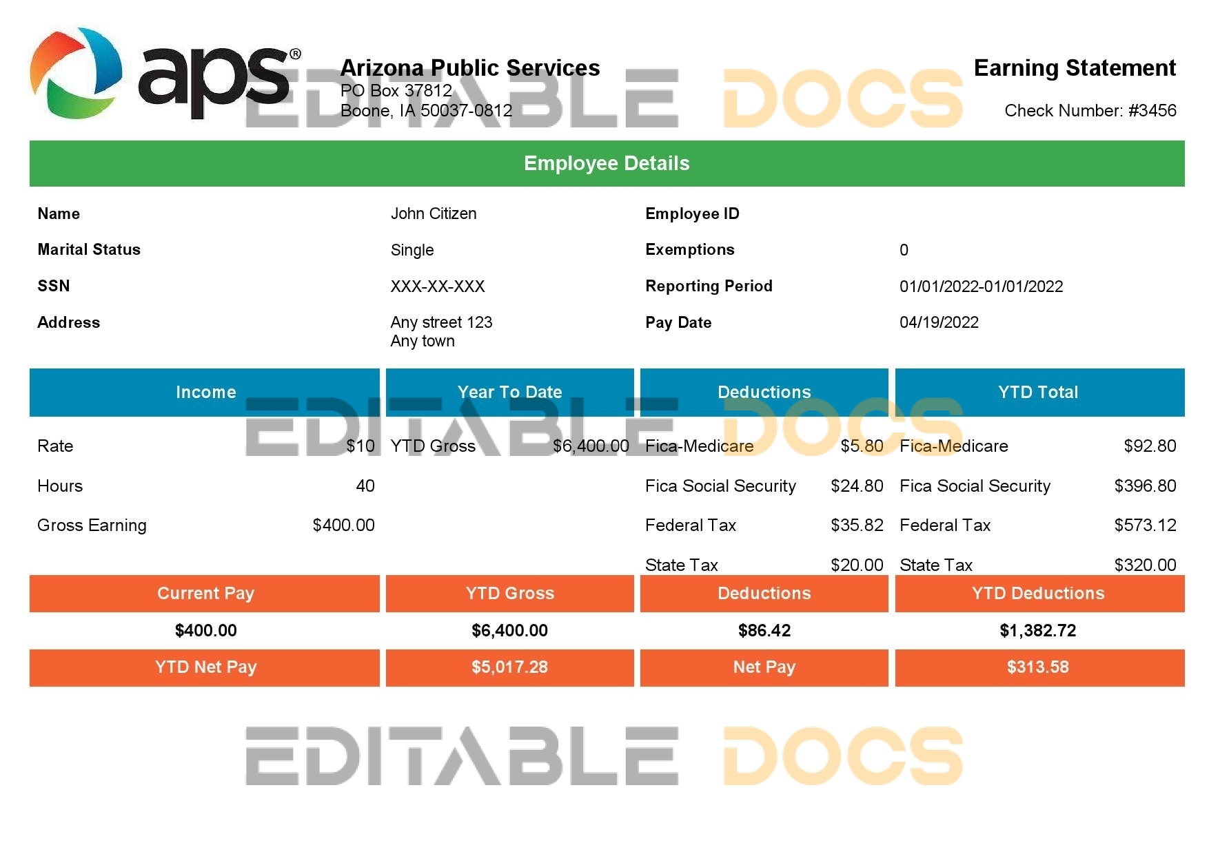 USA APS public services company pay stub Word and PDF template